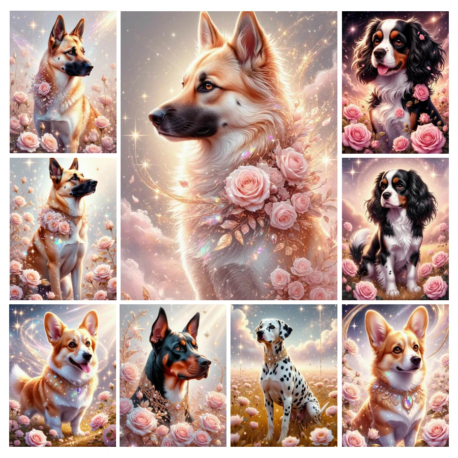Resin Art Rose - Lukisan Berlian Anjing Lucu dan Bunga,